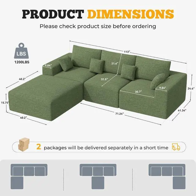 Alt view image 2 of 7 - 113" Boneless Couches for Living Room, Modern L-Shaped Modular Sectional Sofa, Convertible 4 Seater Chenille Cloud Couch, No Assembly Required, Green 1 PCS