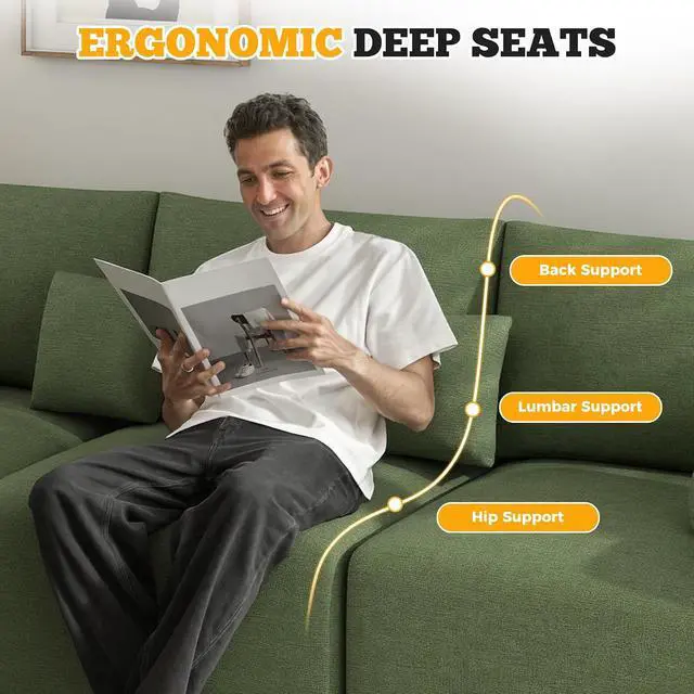 Alt view image 4 of 7 - 113" Boneless Couches for Living Room, Modern L-Shaped Modular Sectional Sofa, Convertible 4 Seater Chenille Cloud Couch, No Assembly Required, Green 1 PCS