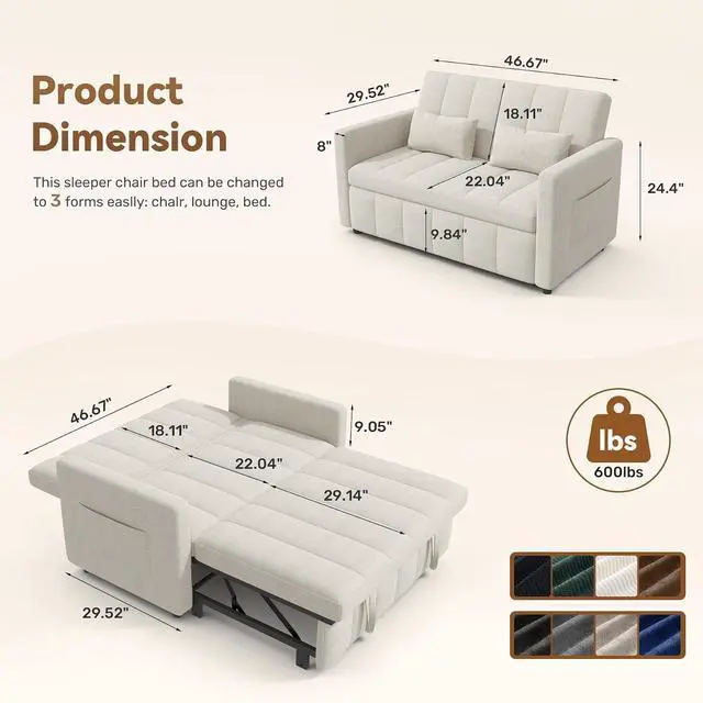 Alt view image 2 of 7 - Convertible Sofa Bed 3-in-1, Pull Out Sleeper Couch with Adjustable Backrest, Loveseat Sofa with Side Storage Pockets,Couch for Apartment, Office, Easy Assembly,Beige