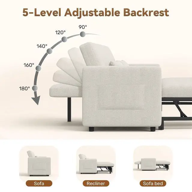 Alt view image 6 of 7 - Convertible Sofa Bed 3-in-1, Pull Out Sleeper Couch with Adjustable Backrest, Loveseat Sofa with Side Storage Pockets,Couch for Apartment, Office, Easy Assembly,Beige