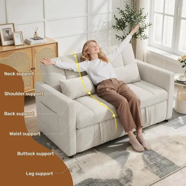 Alt view image 5 of 7 - Convertible Sofa Bed 3-in-1, Pull Out Sleeper Couch with Adjustable Backrest, Loveseat Sofa with Side Storage Pockets,Couch for Apartment, Office, Easy Assembly,Beige