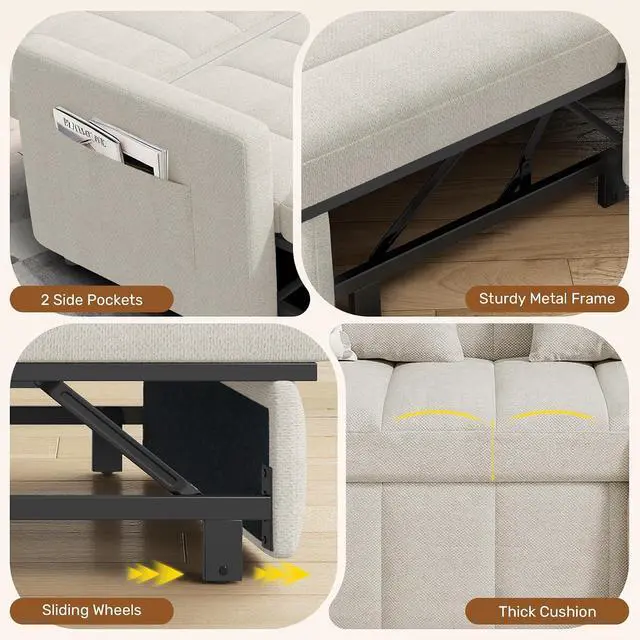 Alt view image 7 of 7 - Convertible Sofa Bed 3-in-1, Pull Out Sleeper Couch with Adjustable Backrest, Loveseat Sofa with Side Storage Pockets,Couch for Apartment, Office, Easy Assembly,Beige