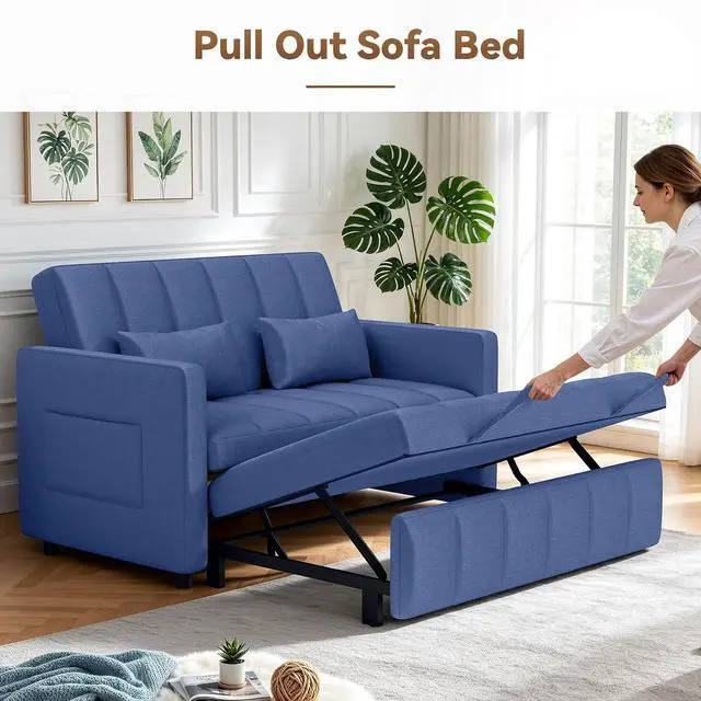 Alt view image 3 of 7 - Convertible Sofa Bed 3-in-1, Pull Out Sleeper Couch with Adjustable Backrest, Loveseat Sofa with Side Storage Pockets,Couch for Apartment, Office, Easy Assembly,Blue