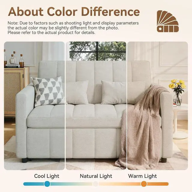 Alt view image 4 of 7 - Convertible Sofa Bed 3-in-1, Pull Out Sleeper Couch with Adjustable Backrest, Loveseat Sofa with Side Storage Pockets,Couch for Apartment, Office, Easy Assembly,Beige
