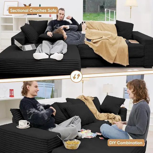 Alt view image 3 of 6 - 111 Sectional Cloud Couches with L Shaped Chaise, Extra Large Sleeper Couch Reversible Corduroy with 8pcs Pillows for Living Room, Bedroom