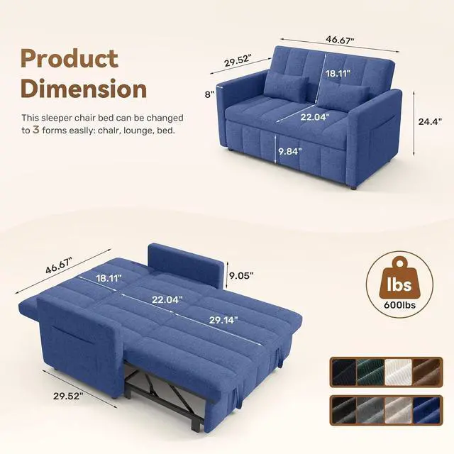 Alt view image 2 of 7 - Convertible Sofa Bed 3-in-1, Pull Out Sleeper Couch with Adjustable Backrest, Loveseat Sofa with Side Storage Pockets,Couch for Apartment, Office, Easy Assembly,Blue