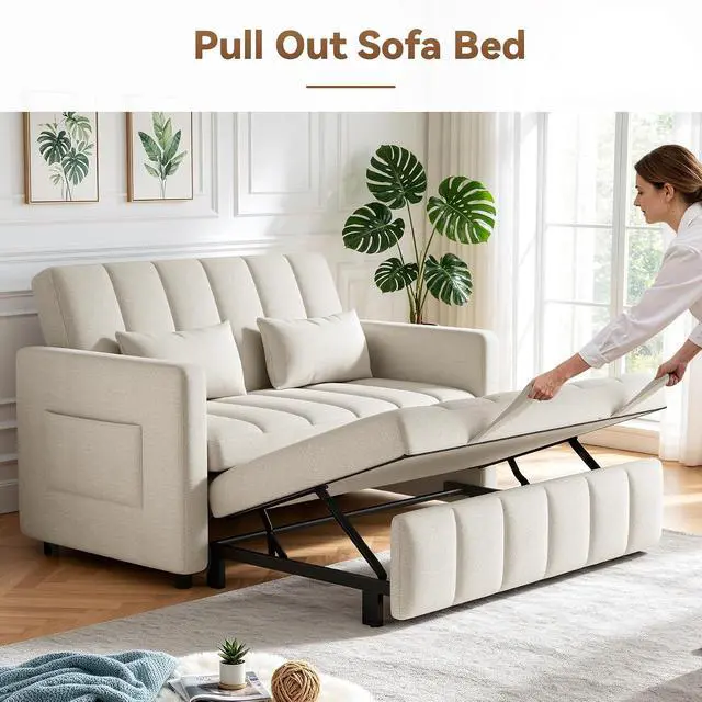 Alt view image 3 of 7 - Convertible Sofa Bed 3-in-1, Pull Out Sleeper Couch with Adjustable Backrest, Loveseat Sofa with Side Storage Pockets,Couch for Apartment, Office, Easy Assembly,Beige
