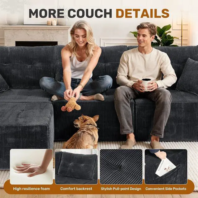 Alt view image 5 of 7 - 31'' Cloud Single Sofa with Ottoman, Modern Modular Sectional Sofa for Living Room, Apartment, No Assembly Needed, Gray Corduroy
