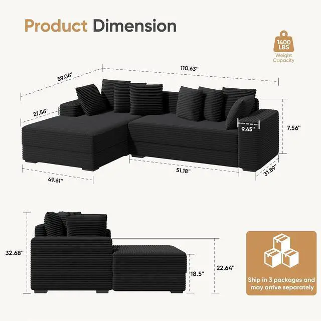 Alt view image 2 of 6 - 111 Sectional Cloud Couches with L Shaped Chaise, Extra Large Sleeper Couch Reversible Corduroy with 8pcs Pillows for Living Room, Bedroom