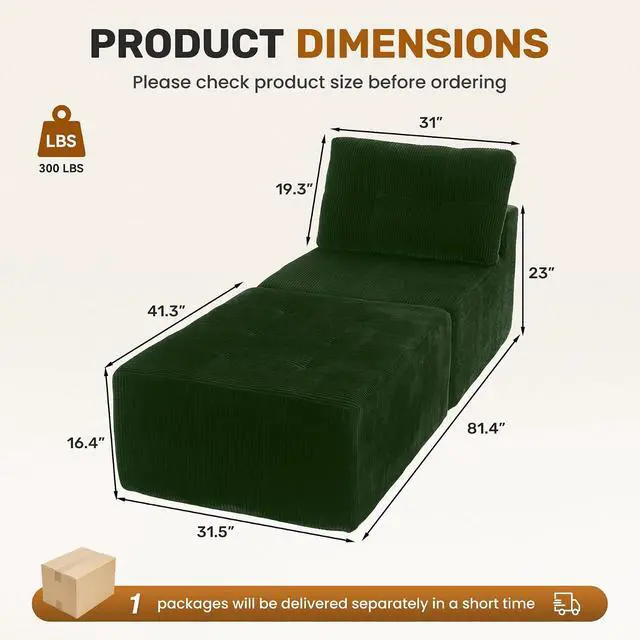 Alt view image 2 of 7 - 31'' Cloud Single Sofa with Ottoman, Modern Modular Sectional Sofa for Living Room, Apartment, No Assembly Needed, Green Corduroy