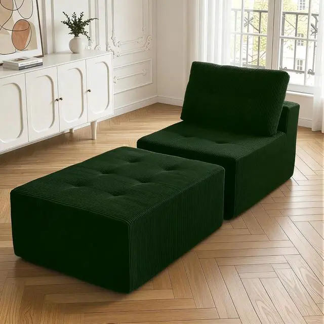 Alt view image 3 of 7 - 31'' Cloud Single Sofa with Ottoman, Modern Modular Sectional Sofa for Living Room, Apartment, No Assembly Needed, Green Corduroy