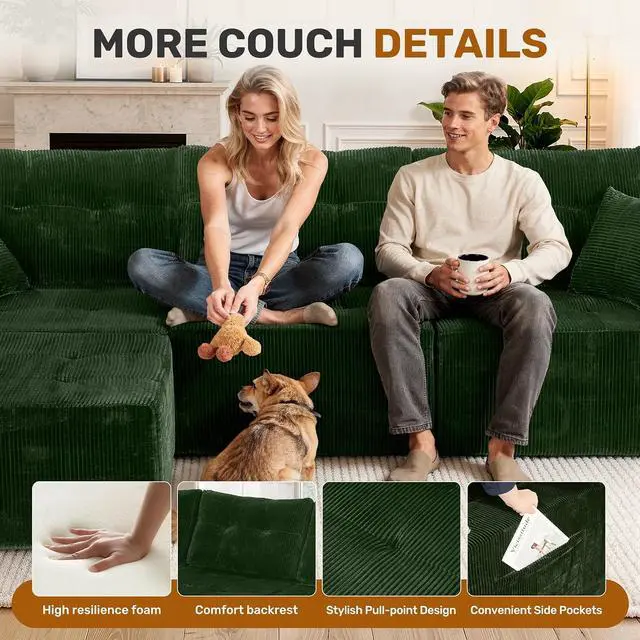 Alt view image 5 of 7 - 31'' Cloud Single Sofa with Ottoman, Modern Modular Sectional Sofa for Living Room, Apartment, No Assembly Needed, Green Corduroy