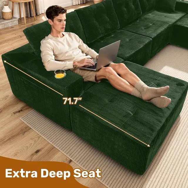 Alt view image 6 of 7 - 31'' Cloud Single Sofa with Ottoman, Modern Modular Sectional Sofa for Living Room, Apartment, No Assembly Needed, Green Corduroy