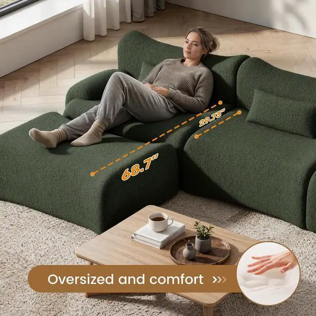 Alt view image 4 of 7 - 168" Cloud Couch Sectional, U-Shaped Boneless Couches for Living Room - Oversized Modular Sofa with Deep Seats, 6 Seater Modern Couches Set,No Assembly Required,Green