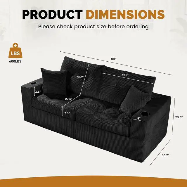 Alt view image 2 of 7 - 80" Boneless Loveseat Sofa, Cloud Couch with Layered Cushion, Small Couch Compressed Foam Sofa for Living Room, Apartment, Office, Black Corduroy