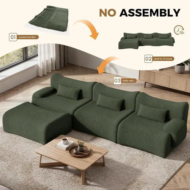 Alt view image 6 of 7 - 168" Cloud Couch Sectional, U-Shaped Boneless Couches for Living Room - Oversized Modular Sofa with Deep Seats, 6 Seater Modern Couches Set,No Assembly Required,Green