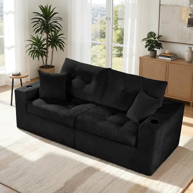 Alt view image 3 of 7 - 80" Boneless Loveseat Sofa, Cloud Couch with Layered Cushion, Small Couch Compressed Foam Sofa for Living Room, Apartment, Office, Black Corduroy