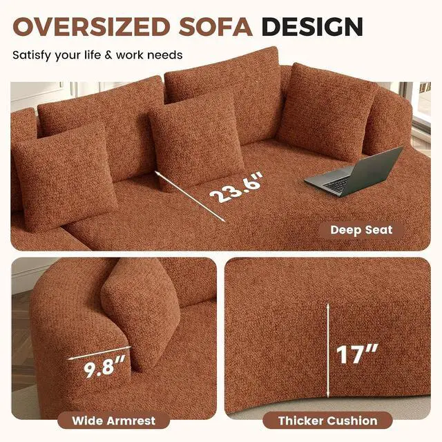 Alt view image 6 of 7 - 124" Curved Modular Sectional Sofa Oversized, L-Shape Boneless Couches for Living Room with Deep Seat and 7 Pillows, High-Density Memory Foam,Caramel Chenille Fabric, No Assembly Required