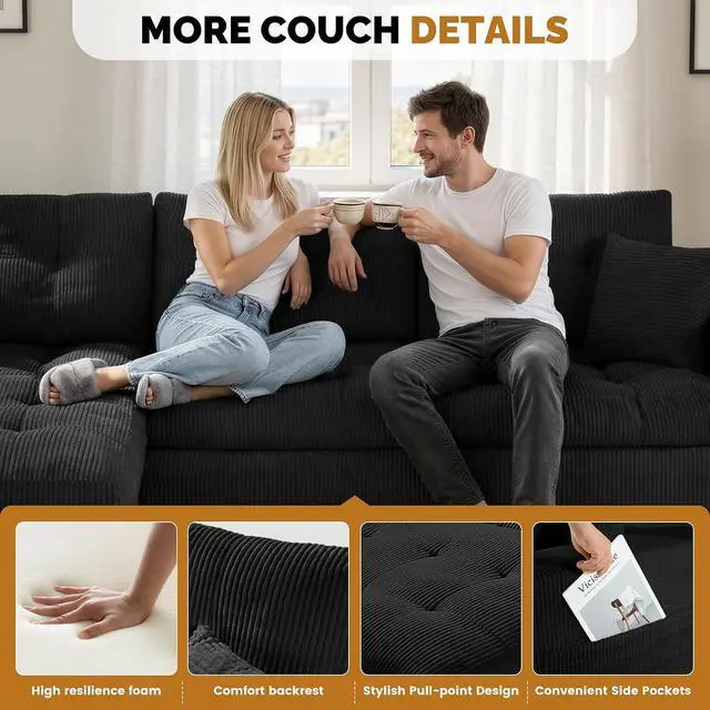 Alt view image 5 of 7 - 80" Boneless Loveseat Sofa, Cloud Couch with Layered Cushion, Small Couch Compressed Foam Sofa for Living Room, Apartment, Office, Black Corduroy