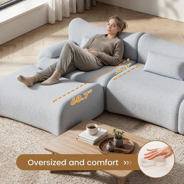 Alt view image 4 of 7 - 126" Cloud Couch Sectional, L Shaped Boneless Couches for Living Room - Oversized Modular Sofa with Deep Seats, Modern Couches with Movable Ottoman,Dark Gray