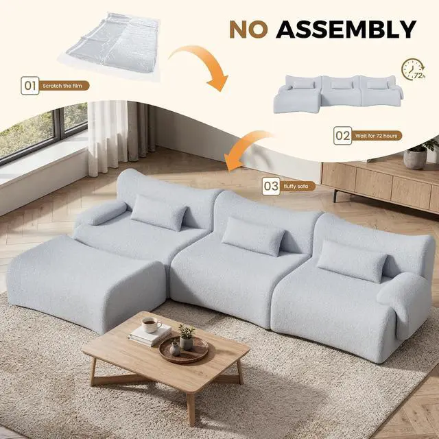 Alt view image 6 of 7 - 126" Cloud Couch Sectional, L Shaped Boneless Couches for Living Room - Oversized Modular Sofa with Deep Seats, Modern Couches with Movable Ottoman,Dark Gray