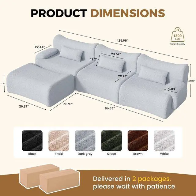 Alt view image 2 of 7 - 126" Cloud Couch Sectional, L Shaped Boneless Couches for Living Room - Oversized Modular Sofa with Deep Seats, Modern Couches with Movable Ottoman,Dark Gray
