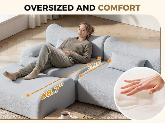 Alt view image 7 of 7 - 126" Cloud Couch Sectional, L Shaped Boneless Couches for Living Room - Oversized Modular Sofa with Deep Seats, Modern Couches with Movable Ottoman,Dark Gray