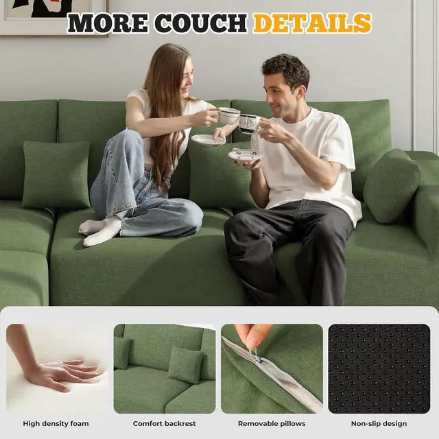 Alt view image 5 of 7 - 113" Boneless Couches for Living Room, Modern L-Shaped Modular Sectional Sofa, Convertible 4 Seater Chenille Cloud Couch, No Assembly Required, Green 1 PCS