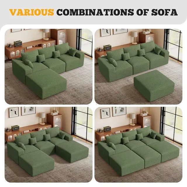 Alt view image 7 of 7 - 113" Boneless Couches for Living Room, Modern L-Shaped Modular Sectional Sofa, Convertible 4 Seater Chenille Cloud Couch, No Assembly Required, Green 1 PCS