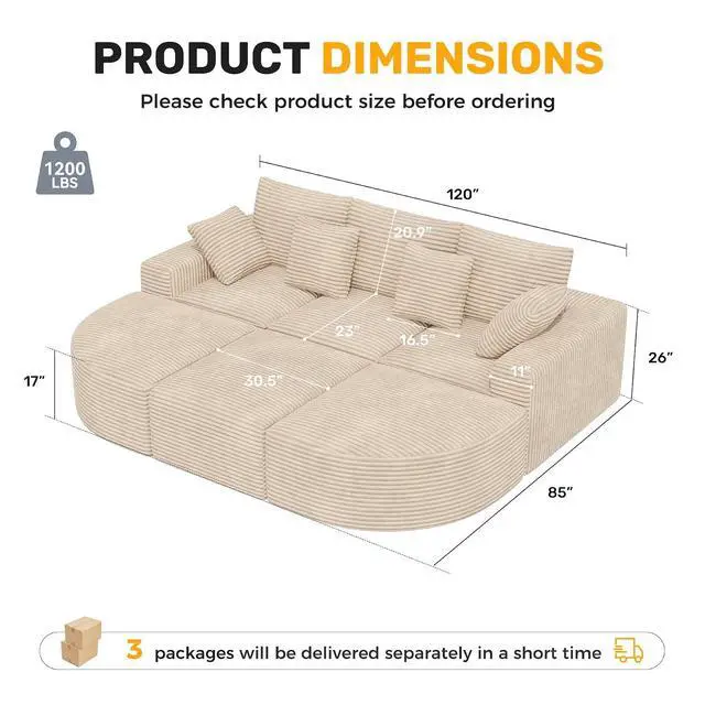 Alt view image 2 of 7 - 120" Oversized Round Sofa Bed, Modular Sectional Cloud Couches for Living Room, Convertible Corduroy Boneless Couch Sleeper Sofa Set, No Assembly Required, Khaki 1 PCS