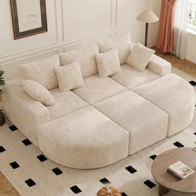 Main image of 120" Oversized Round Sofa Bed, Modular Sectional Cloud Couches for Living Room, Convertible Corduroy Boneless Couch Sleeper Sofa Set, No Assembly Required, Khaki 1 PCS