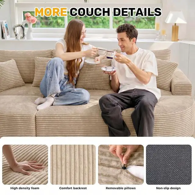 Alt view image 4 of 7 - 120" Oversized Round Sofa Bed, Modular Sectional Cloud Couches for Living Room, Convertible Corduroy Boneless Couch Sleeper Sofa Set, No Assembly Required, Khaki 1 PCS