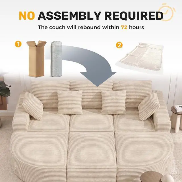 Alt view image 7 of 7 - 120" Oversized Round Sofa Bed, Modular Sectional Cloud Couches for Living Room, Convertible Corduroy Boneless Couch Sleeper Sofa Set, No Assembly Required, Khaki 1 PCS