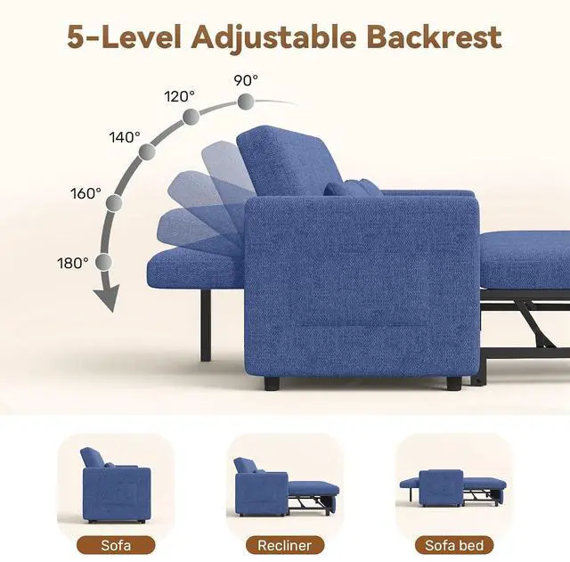 Alt view image 6 of 7 - Convertible Sofa Bed 3-in-1, Pull Out Sleeper Couch with Adjustable Backrest, Loveseat Sofa with Side Storage Pockets,Couch for Apartment, Office, Easy Assembly,Blue