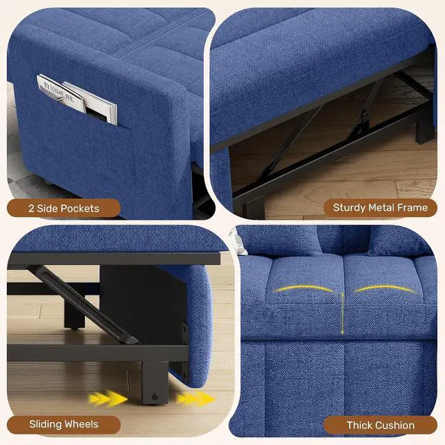 Alt view image 7 of 7 - Convertible Sofa Bed 3-in-1, Pull Out Sleeper Couch with Adjustable Backrest, Loveseat Sofa with Side Storage Pockets,Couch for Apartment, Office, Easy Assembly,Blue