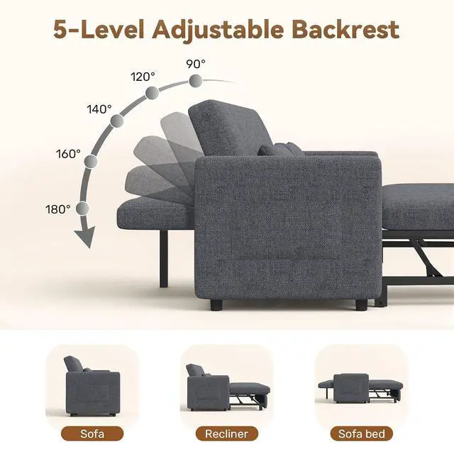 Alt view image 5 of 7 - Convertible Sofa Bed 3-in-1, Pull Out Sleeper Couch with Adjustable Backrest, Loveseat Sofa with Side Storage Pockets,Couch for Apartment, Office, Easy Assembly,Light Gray