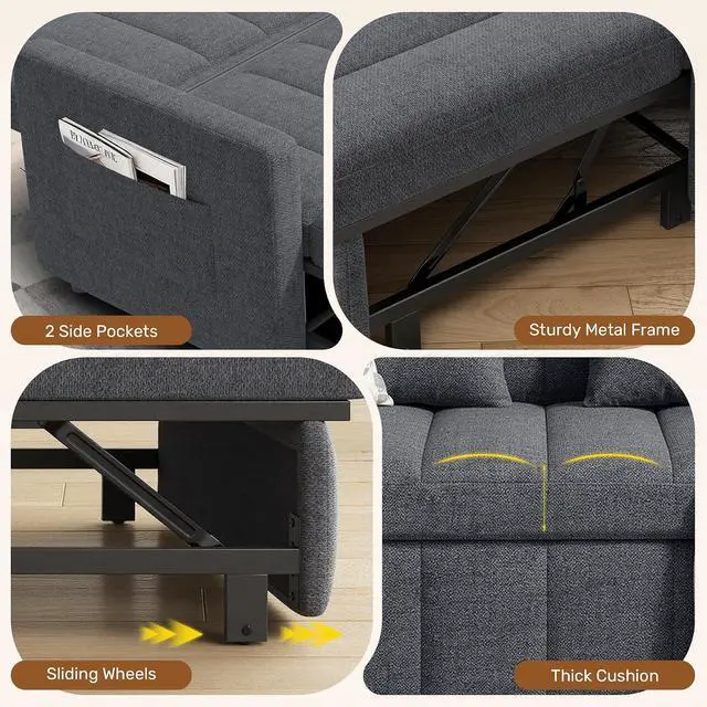 Alt view image 6 of 7 - Convertible Sofa Bed 3-in-1, Pull Out Sleeper Couch with Adjustable Backrest, Loveseat Sofa with Side Storage Pockets,Couch for Apartment, Office, Easy Assembly,Light Gray