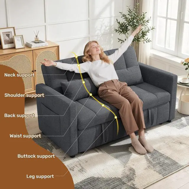 Alt view image 4 of 7 - Convertible Sofa Bed 3-in-1, Pull Out Sleeper Couch with Adjustable Backrest, Loveseat Sofa with Side Storage Pockets,Couch for Apartment, Office, Easy Assembly,Light Gray