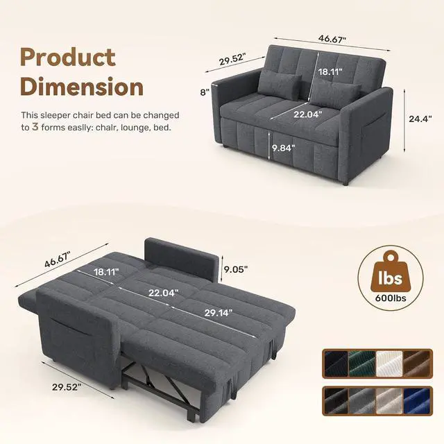 Alt view image 2 of 7 - Convertible Sofa Bed 3-in-1, Pull Out Sleeper Couch with Adjustable Backrest, Loveseat Sofa with Side Storage Pockets,Couch for Apartment, Office, Easy Assembly,Light Gray