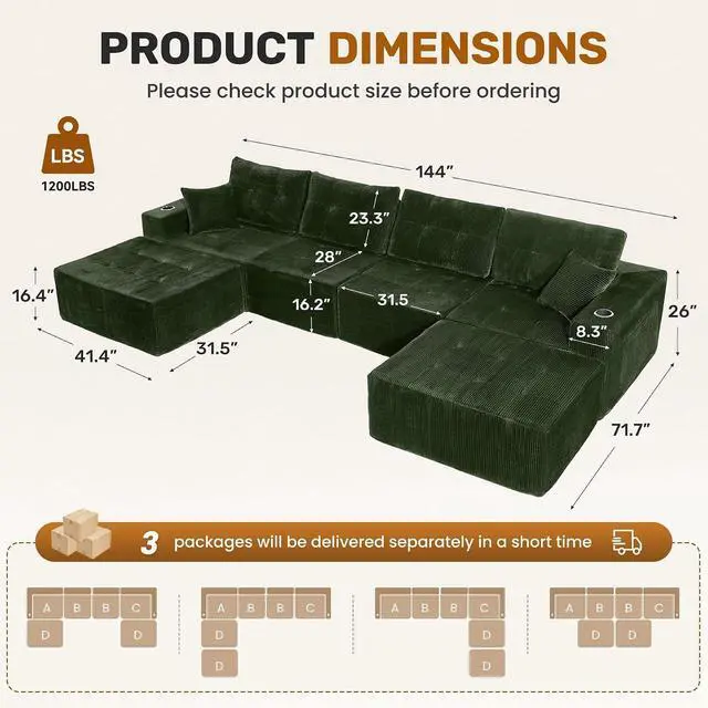 Alt view image 2 of 7 - 143" Modular Sectional Sofa for Living Room, Convertible U-Shape Couch with Ottoman, 6 Seater Modular Sectional Sofa,Green Corduroy