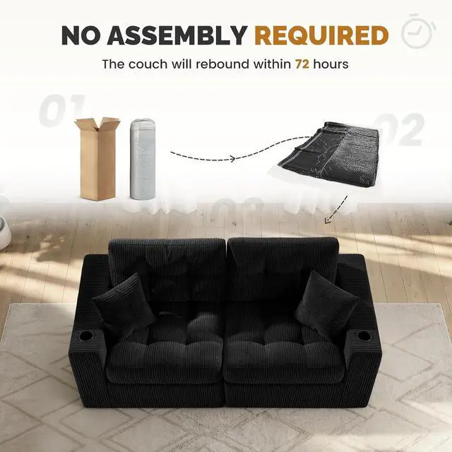 Alt view image 7 of 7 - 80" Boneless Loveseat Sofa, Cloud Couch with Layered Cushion, Small Couch Compressed Foam Sofa for Living Room, Apartment, Office, Black Corduroy