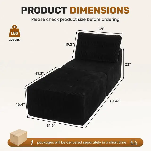 Alt view image 2 of 7 - 31'' Cloud Single Sofa with Ottoman, Modern Modular Sectional Sofa for Living Room, Apartment, No Assembly Needed, Black Corduroy