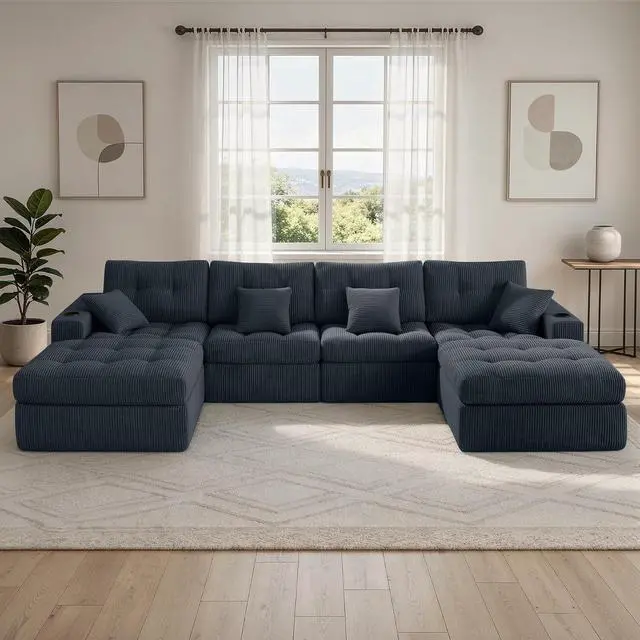 Main image of 143" Modular Sectional Sofa for Living Room, Convertible U-Shape Couch with Ottoman,Cloud Boneless Couch with Layered Cushion,Gray Corduroy