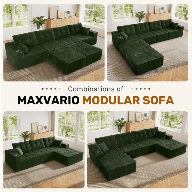 Alt view image 5 of 7 - 143" Modular Sectional Sofa for Living Room, Convertible U-Shape Couch with Ottoman, 6 Seater Modular Sectional Sofa,Green Corduroy