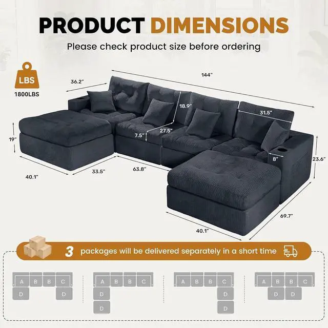 Alt view image 2 of 7 - 143" Modular Sectional Sofa for Living Room, Convertible U-Shape Couch with Ottoman,Cloud Boneless Couch with Layered Cushion,Gray Corduroy