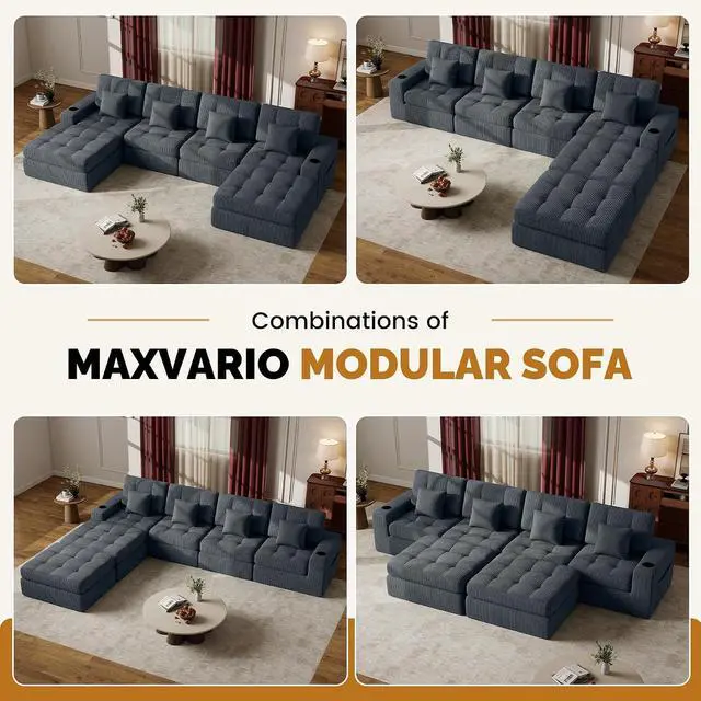 Alt view image 5 of 7 - 143" Modular Sectional Sofa for Living Room, Convertible U-Shape Couch with Ottoman,Cloud Boneless Couch with Layered Cushion,Gray Corduroy