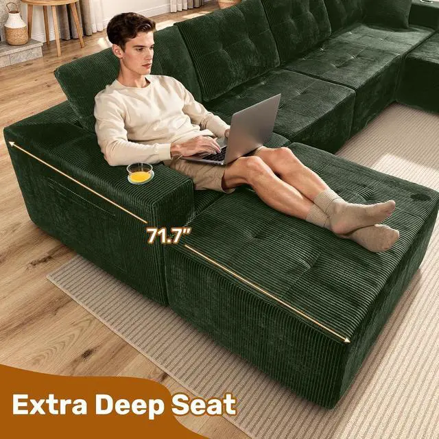 Alt view image 7 of 7 - 143" Modular Sectional Sofa for Living Room, Convertible U-Shape Couch with Ottoman, 6 Seater Modular Sectional Sofa,Green Corduroy