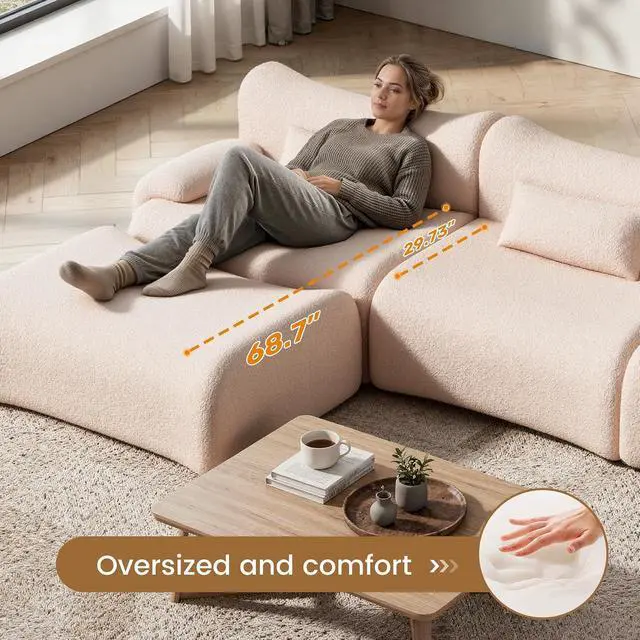 Alt view image 5 of 7 - 126" Cloud Couch Sectional, L Shaped Boneless Couches for Living Room - Oversized Modular Sofa with Deep Seats, Modern Couches with Movable Ottoman,Khaki