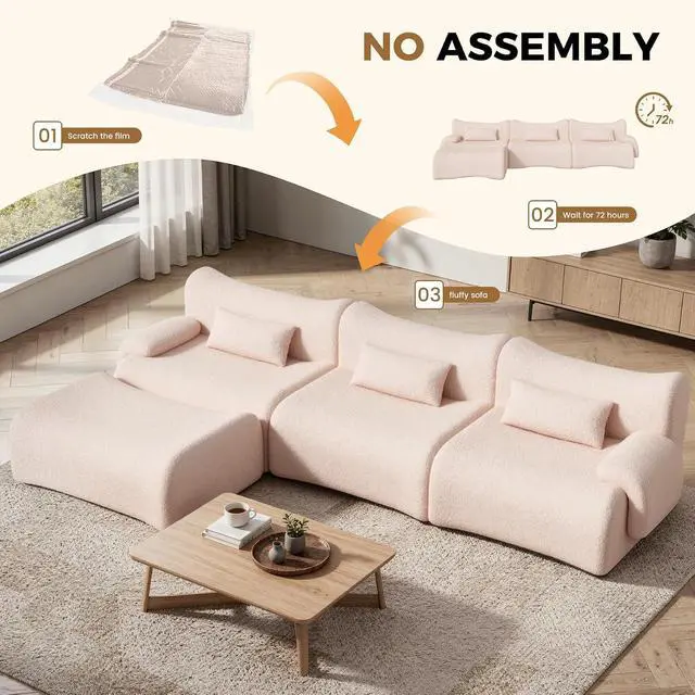 Alt view image 4 of 7 - 126" Cloud Couch Sectional, L Shaped Boneless Couches for Living Room - Oversized Modular Sofa with Deep Seats, Modern Couches with Movable Ottoman,Khaki