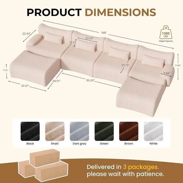 Alt view image 2 of 6 - 168" Cloud Couch Sectional, U-Shaped Boneless Couches for Living Room - Oversized Modular Sofa with Deep Seats, 6 Seater Modern Couches Set,No Assembly Required,Khaki